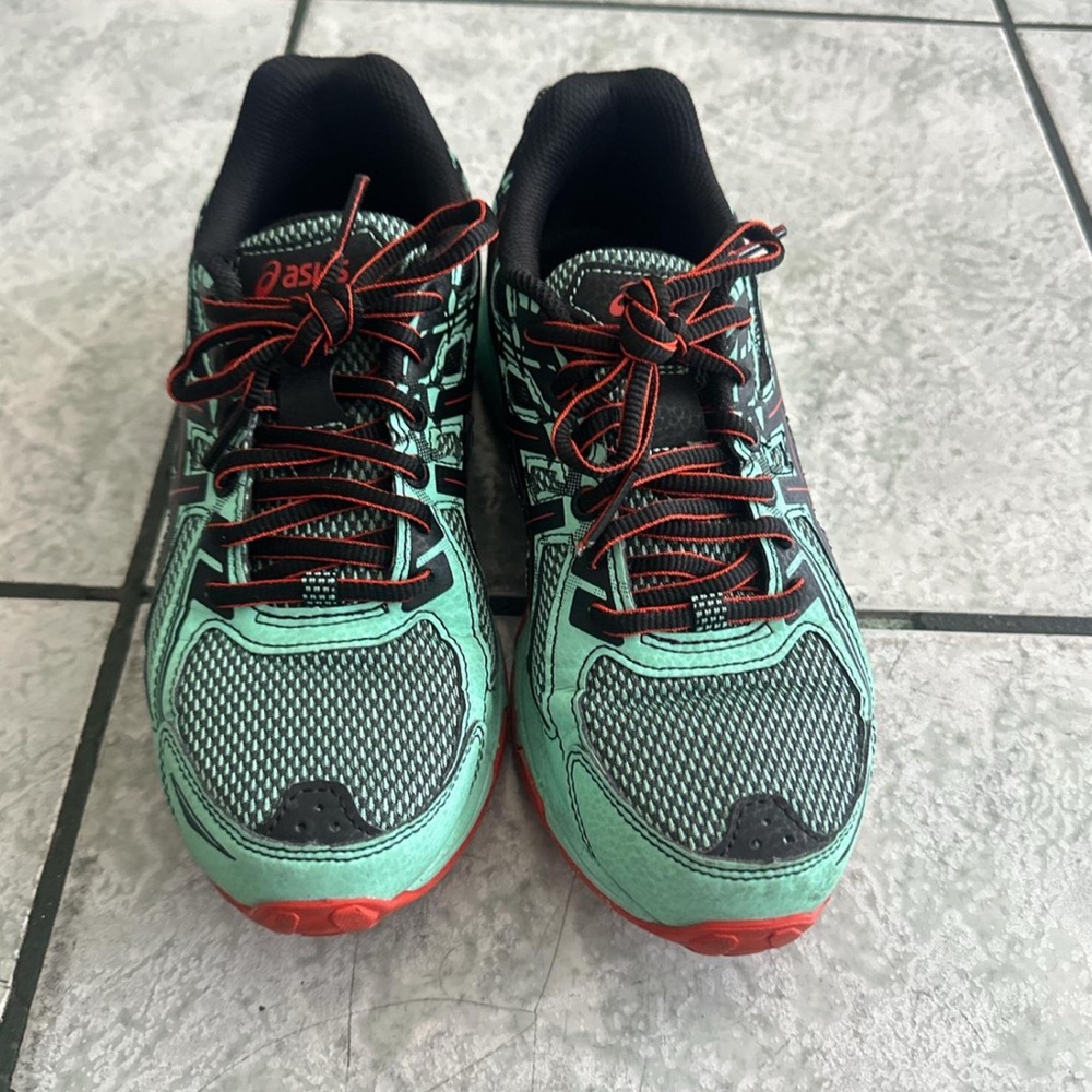 Asics Teal and Black Athletic Shoes with Red Accents